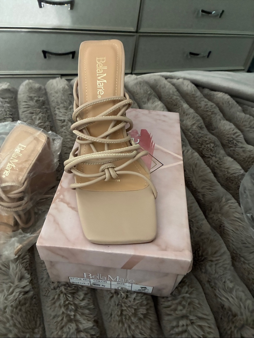 Bella Marie Beige Strappy Square-Toe Lace-Up Sandals